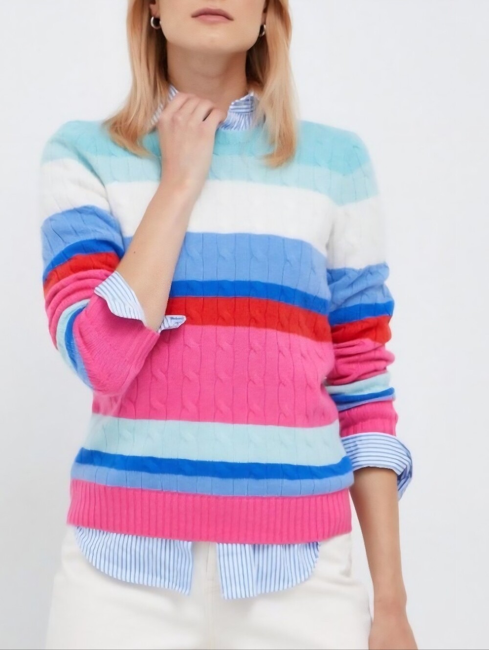 RARE $520 Polo Ralph Lauren Cable Knit 100% Cashmere Sweater Striped Women's L